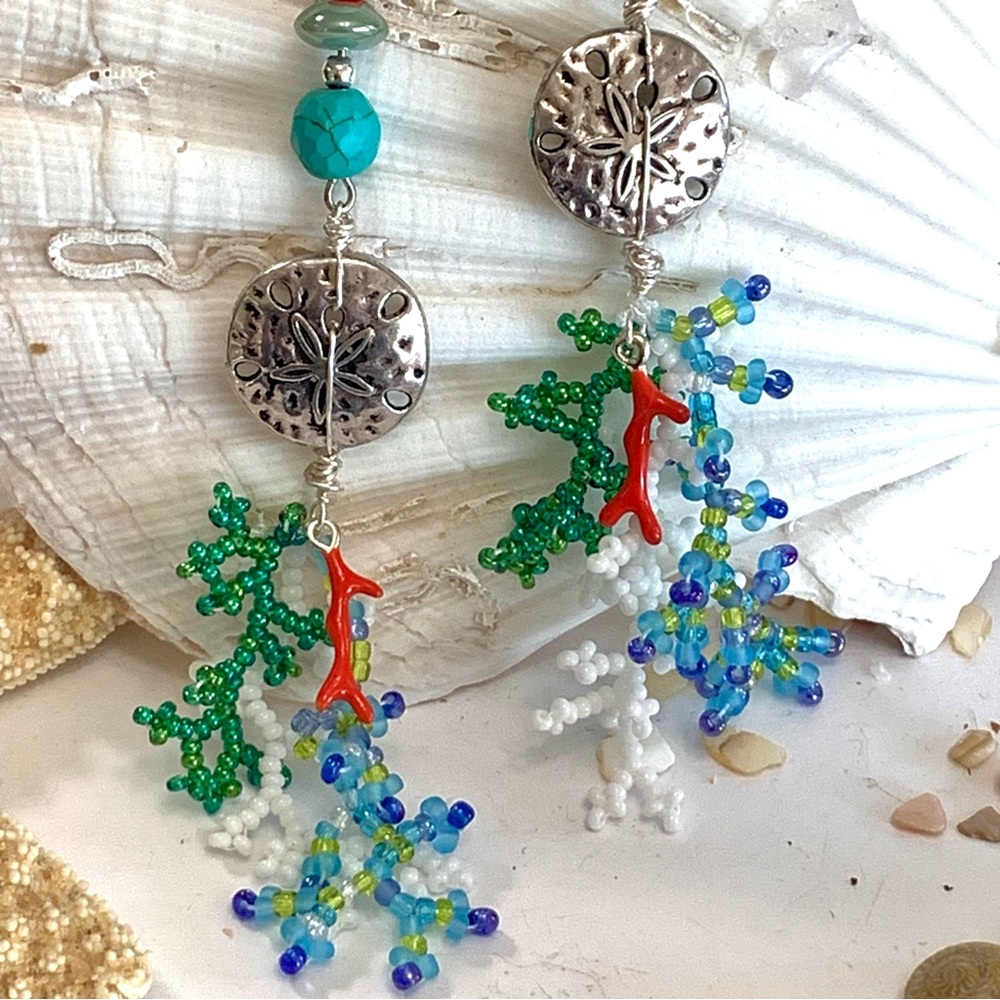 Coastal Coral & Sand Dollar Long Beaded Earrings